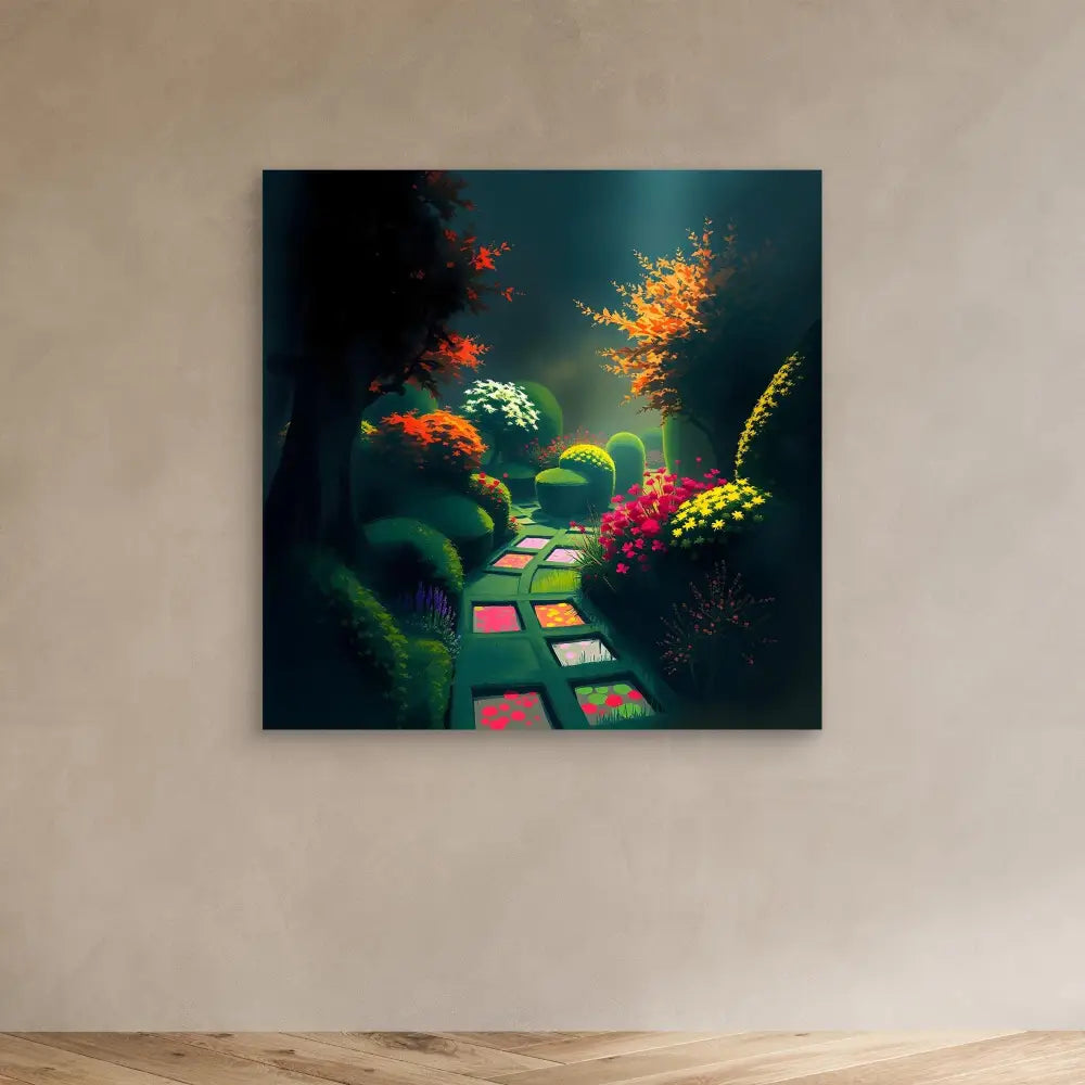 A winding stone path through a magical garden with glowing flowers and foliage.