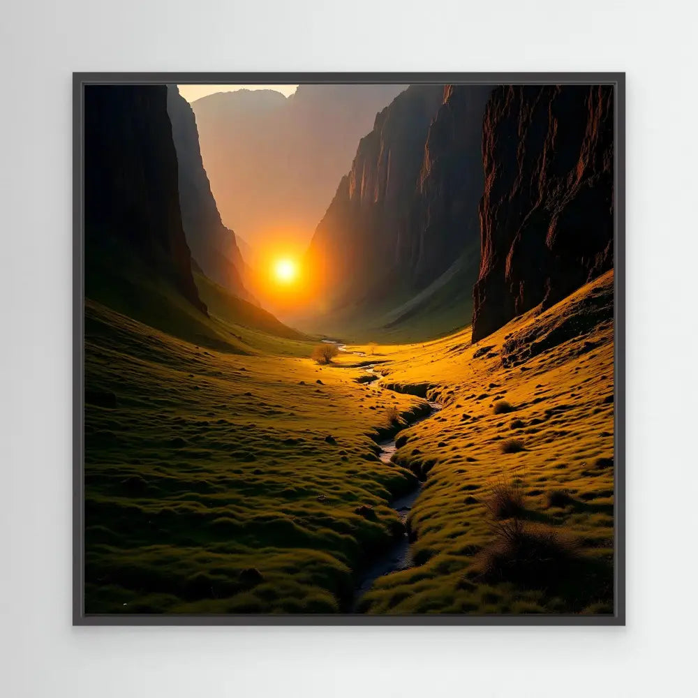 A winding stream flows through a golden-lit valley at sunset.