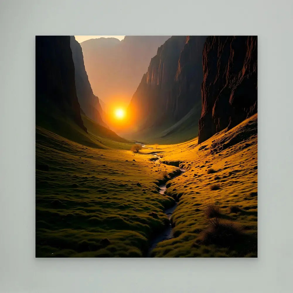 A winding stream flows through a golden valley at sunset.