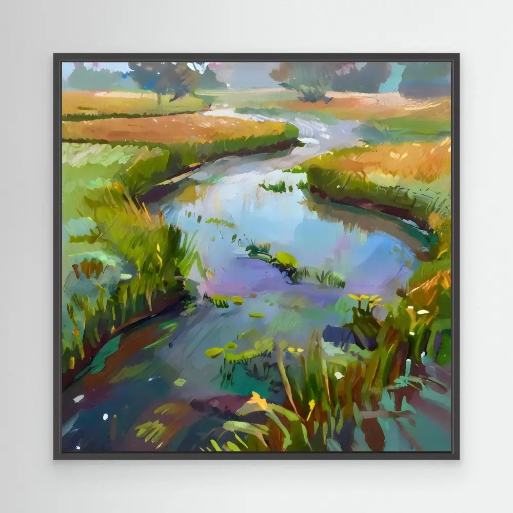 A winding stream flows through grassy marshland.