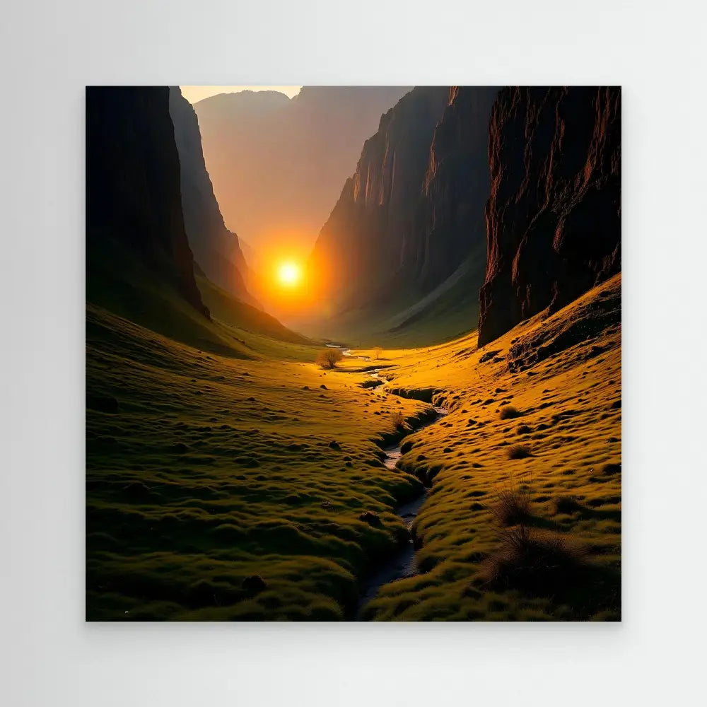 A winding stream flows through a sunlit valley between towering cliffs.