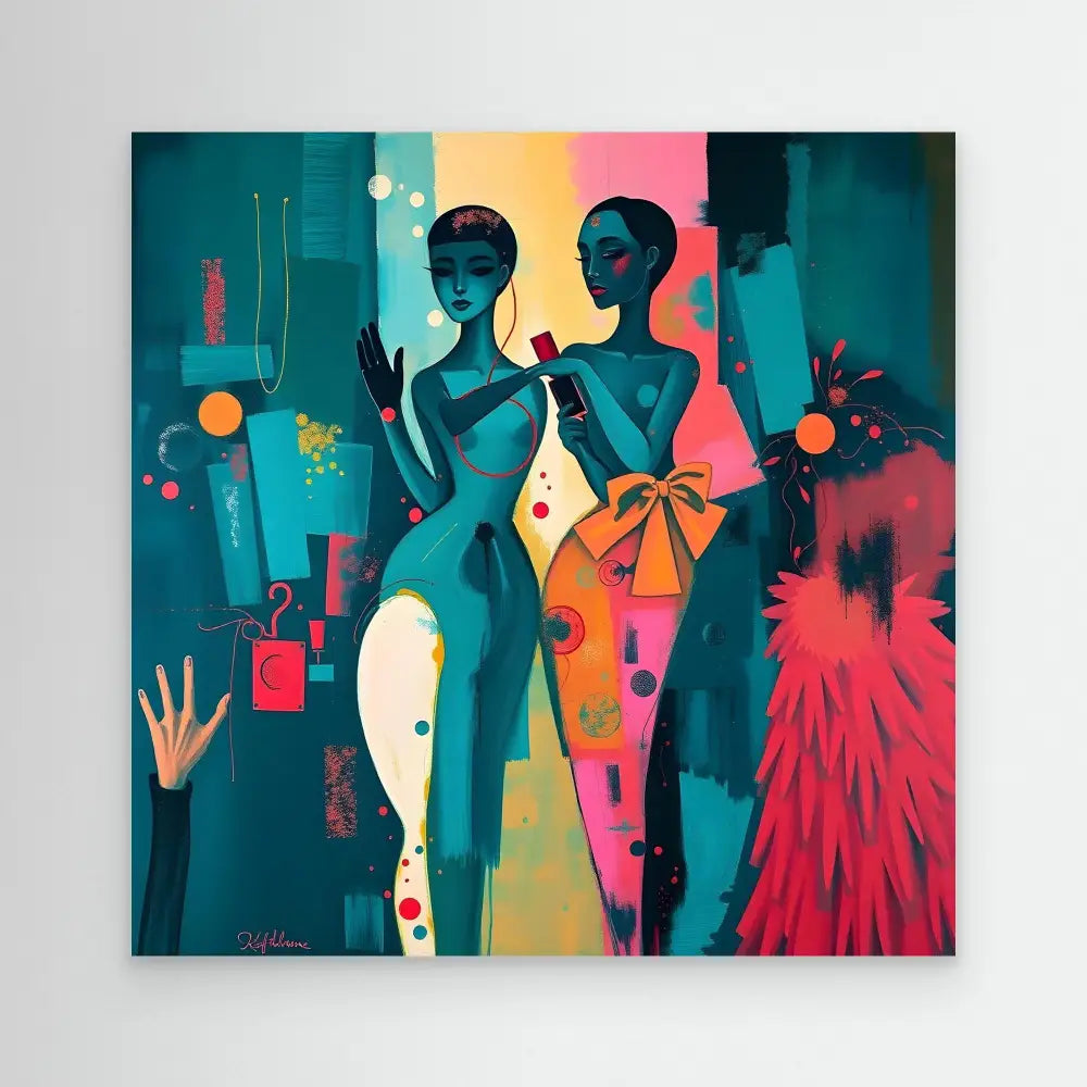 Stylized abstract painting of elegant figures in vibrant turquoise and pink tones.