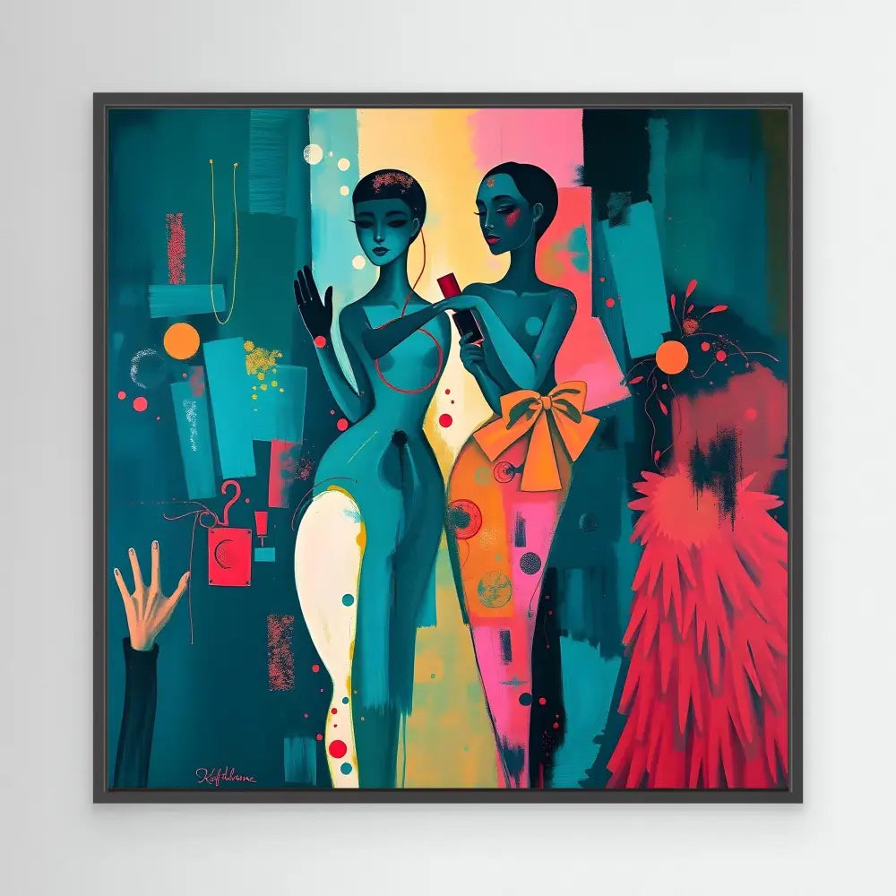 Stylized abstract painting of elegant figures in vibrant teal and pink tones.