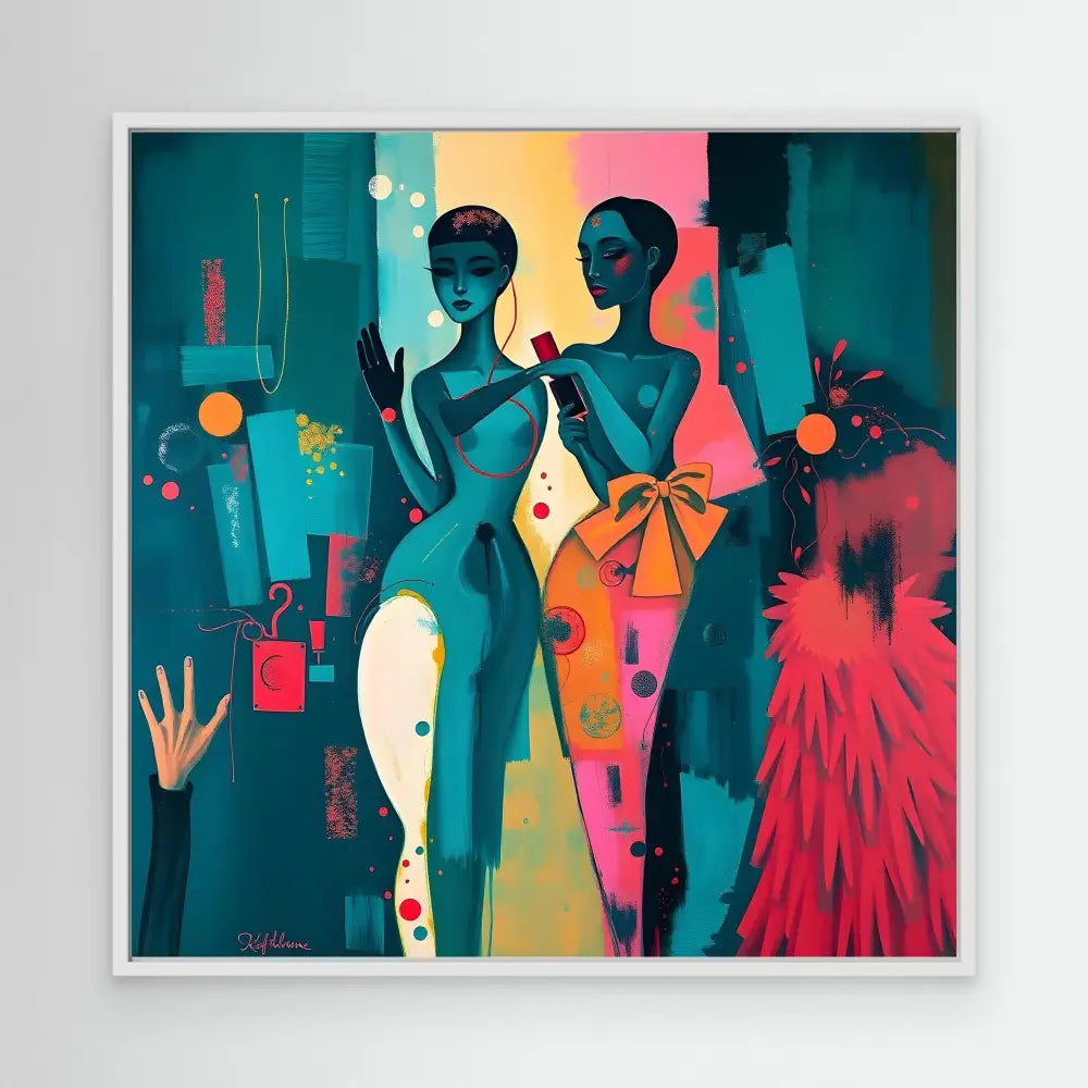 Stylized abstract painting of three elegant figures in vibrant turquoise and coral tones.