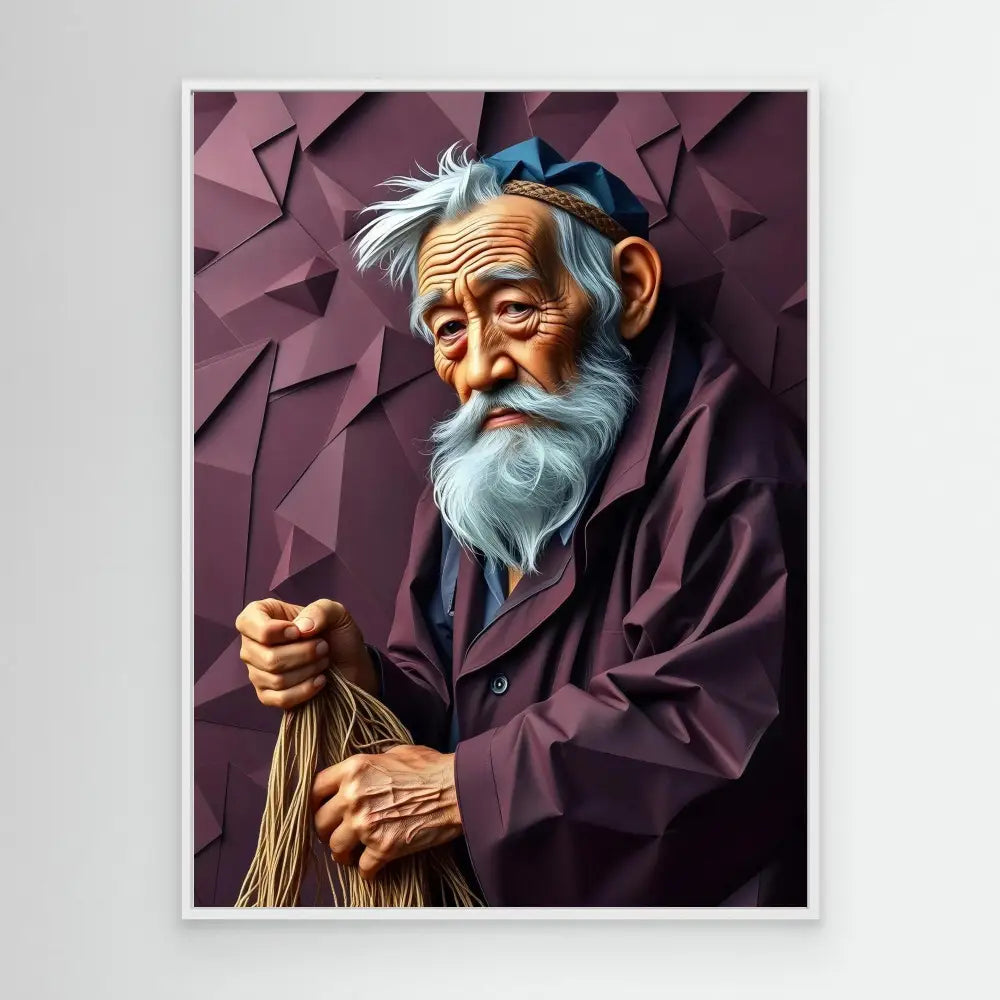 Stylized artistic portrait of an elderly person with a white beard wearing dark clothing.