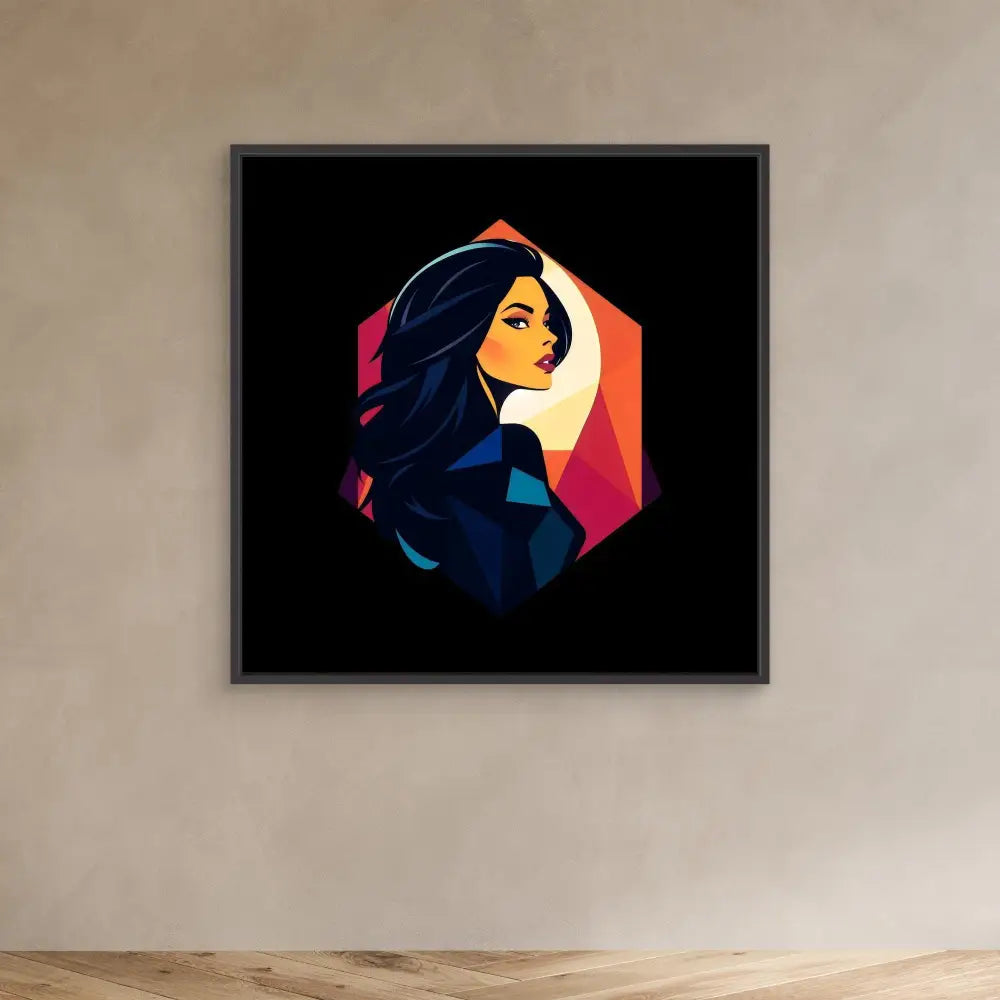 Stylized artistic portrait within a hexagonal frame featuring flowing dark hair against vibrant orange and pink geometric shapes.