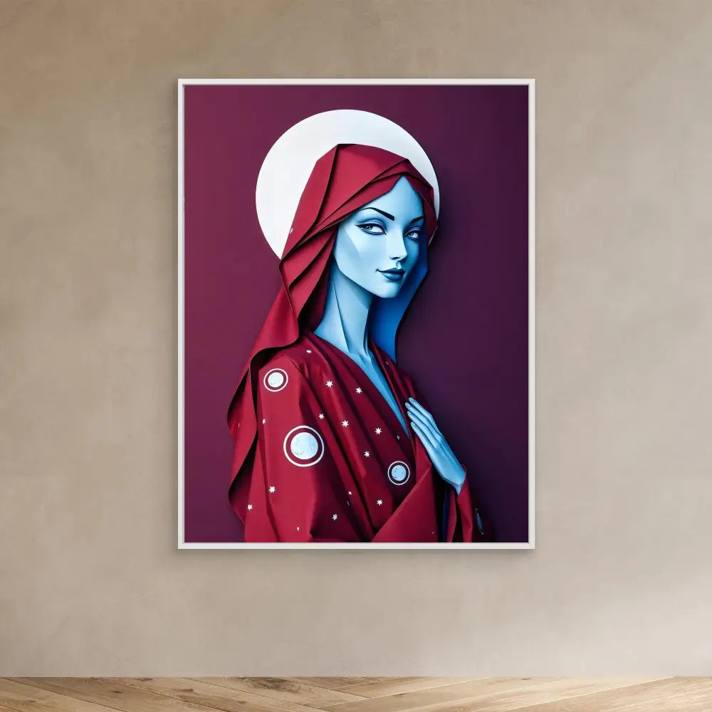 Stylized artwork of a blue-skinned figure wearing a red hooded garment with circular decorative elements and a white halo.