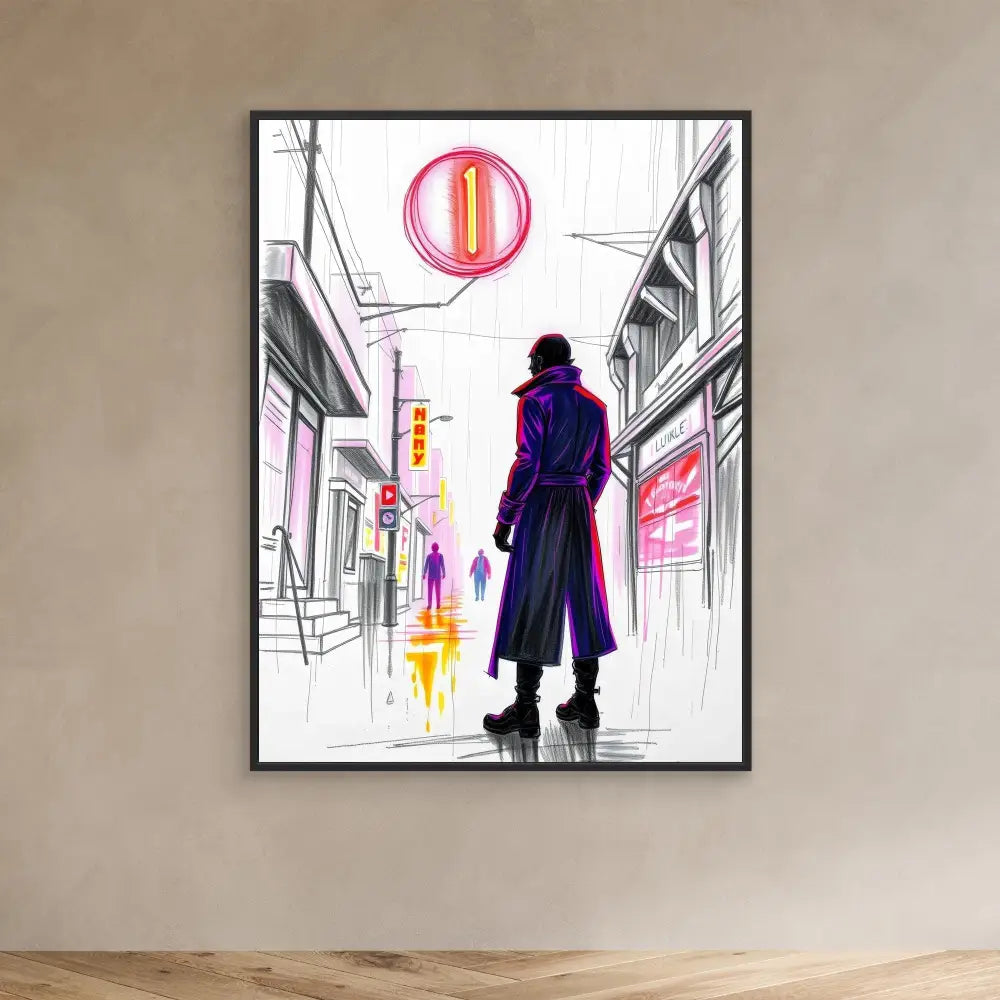 Stylized artwork of a figure in a purple coat standing in a cyberpunk-inspired street scene.