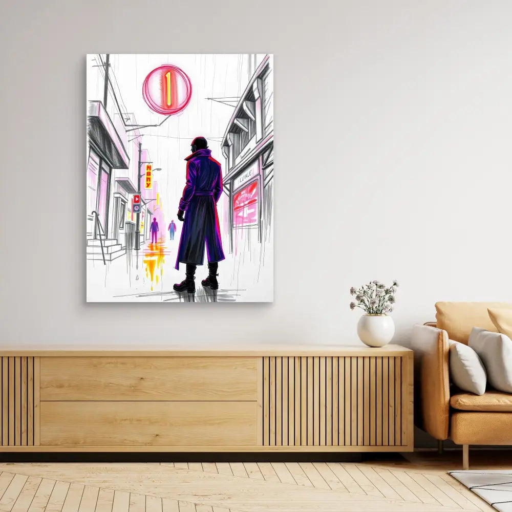 A stylized artwork of a figure in a purple coat standing in a minimalist urban scene.