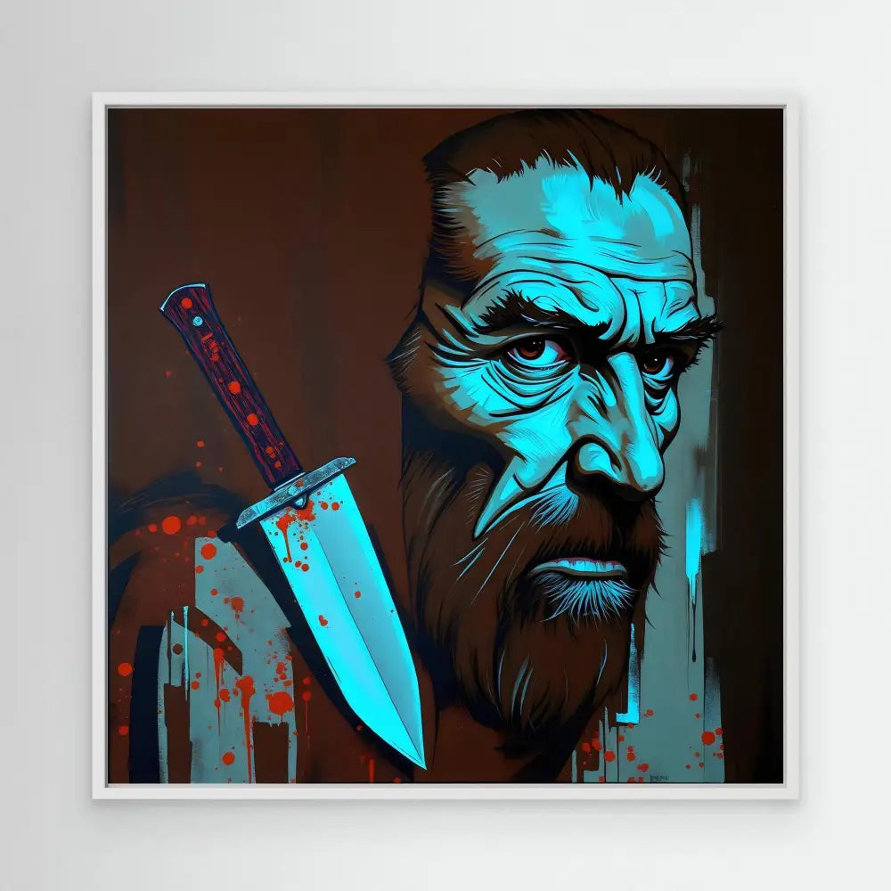 Stylized blue-tinted portrait with a blood-spattered knife alongside a stern, bearded face.