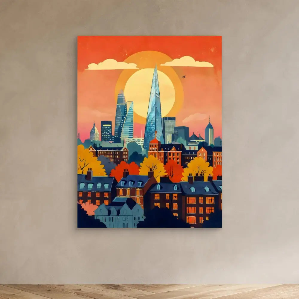 Stylized cityscape artwork featuring modern skyscrapers and traditional buildings against an orange sunset sky.