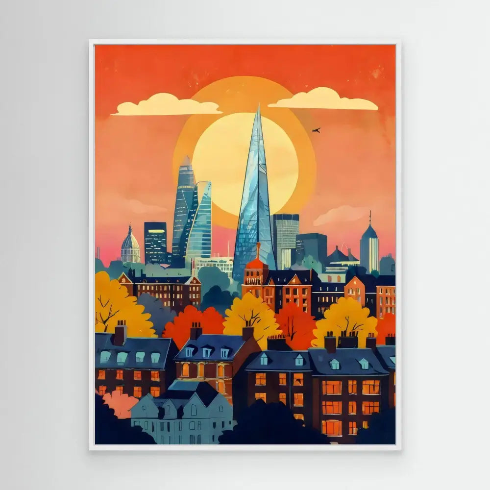 Stylized cityscape illustration of London featuring the Shard and surrounding buildings at sunset.