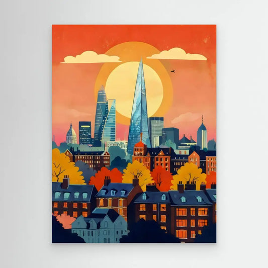 Stylized cityscape illustration of London featuring the Shard and surrounding skyscrapers at sunset.