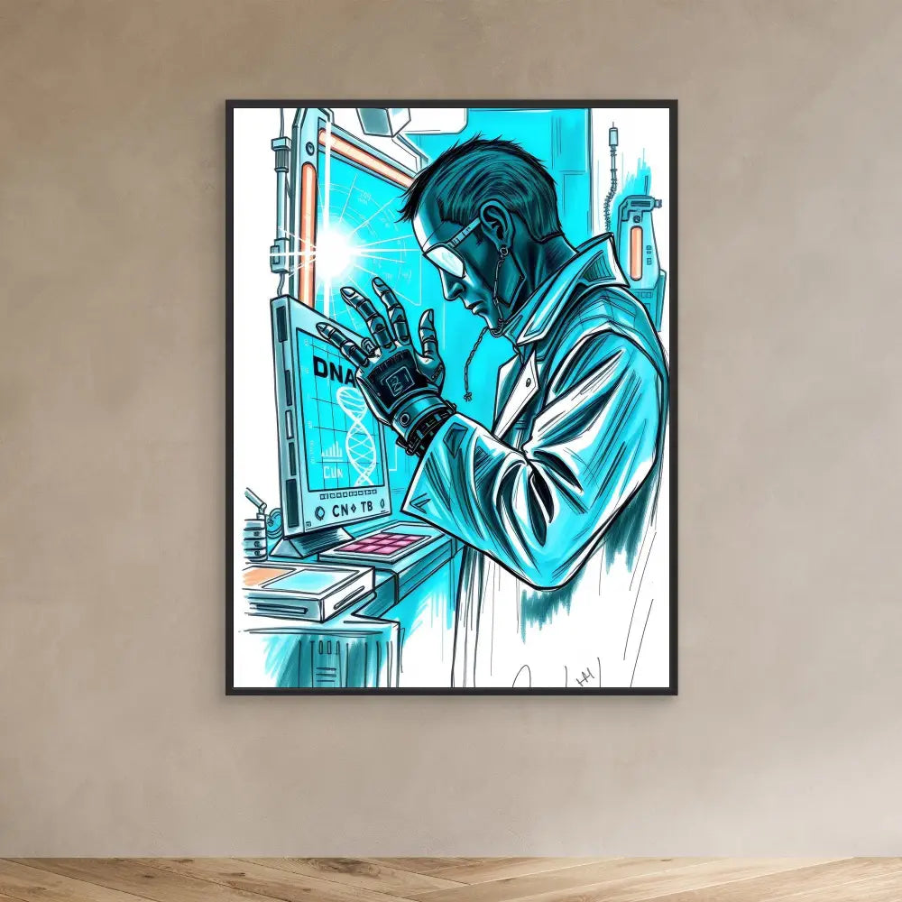 Stylized cyberpunk artwork in turquoise tones showing a person examining their robotic hand.