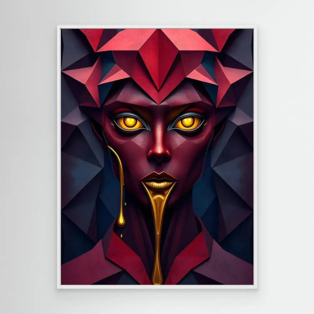 Stylized digital art portrait featuring deep red geometric forms, glowing yellow eyes, and dripping gold accents.