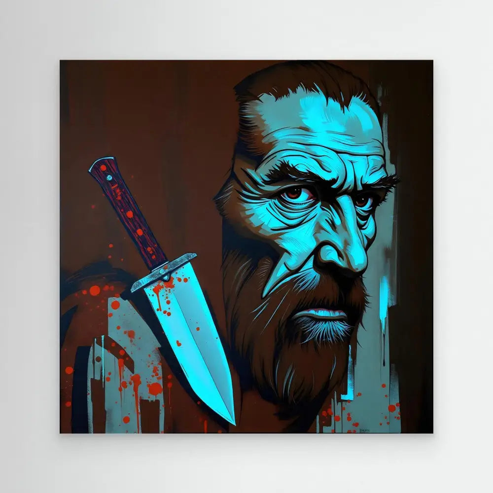 Stylized digital art portrait of a stern bearded man with a knife, rendered in dramatic blue tones.