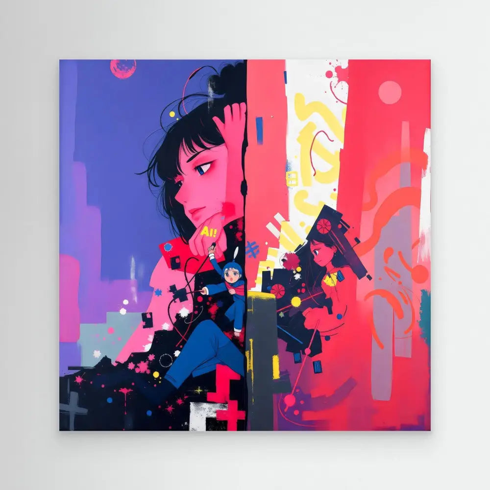 Stylized digital artwork of an anime-style character against vibrant colors and abstract shapes.