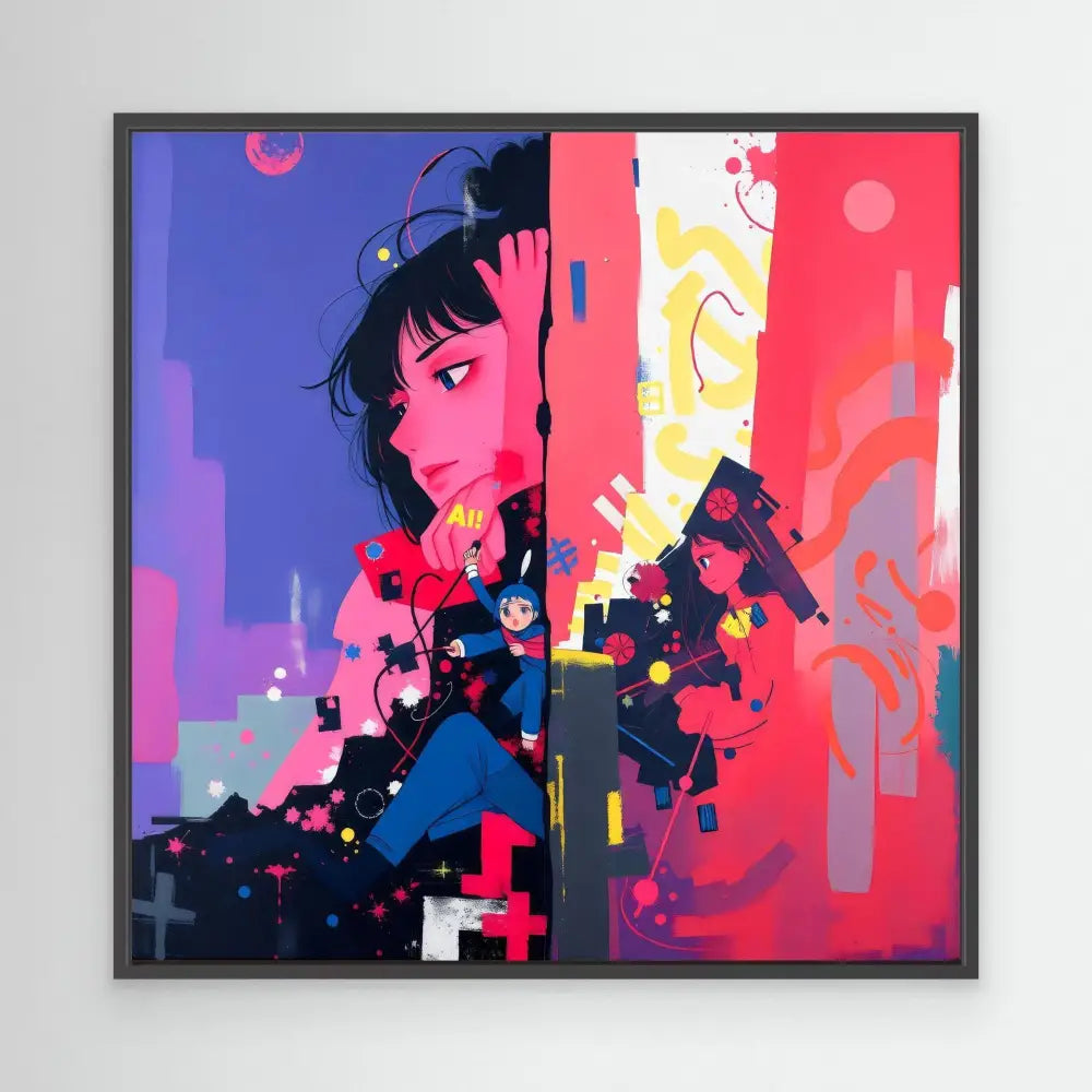 Stylized digital artwork of a figure with dark hair against vibrant pink, blue and yellow abstract elements.