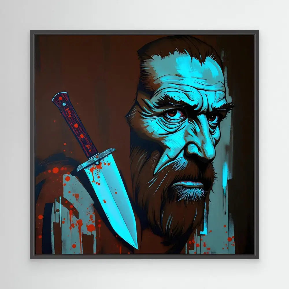 Stylized digital artwork of a stern bearded face with a knife in neon blue and red tones.