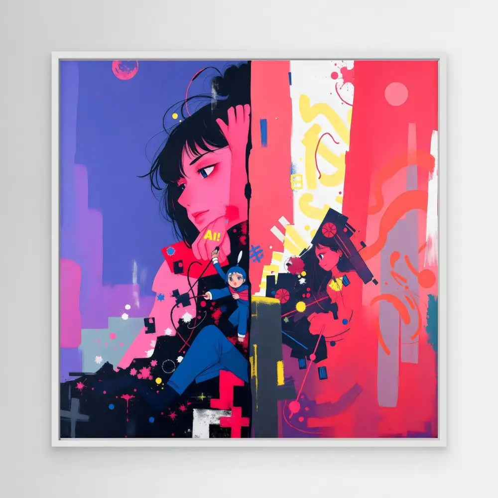 Stylized digital artwork of a woman with black hair against vibrant colorful abstract elements.