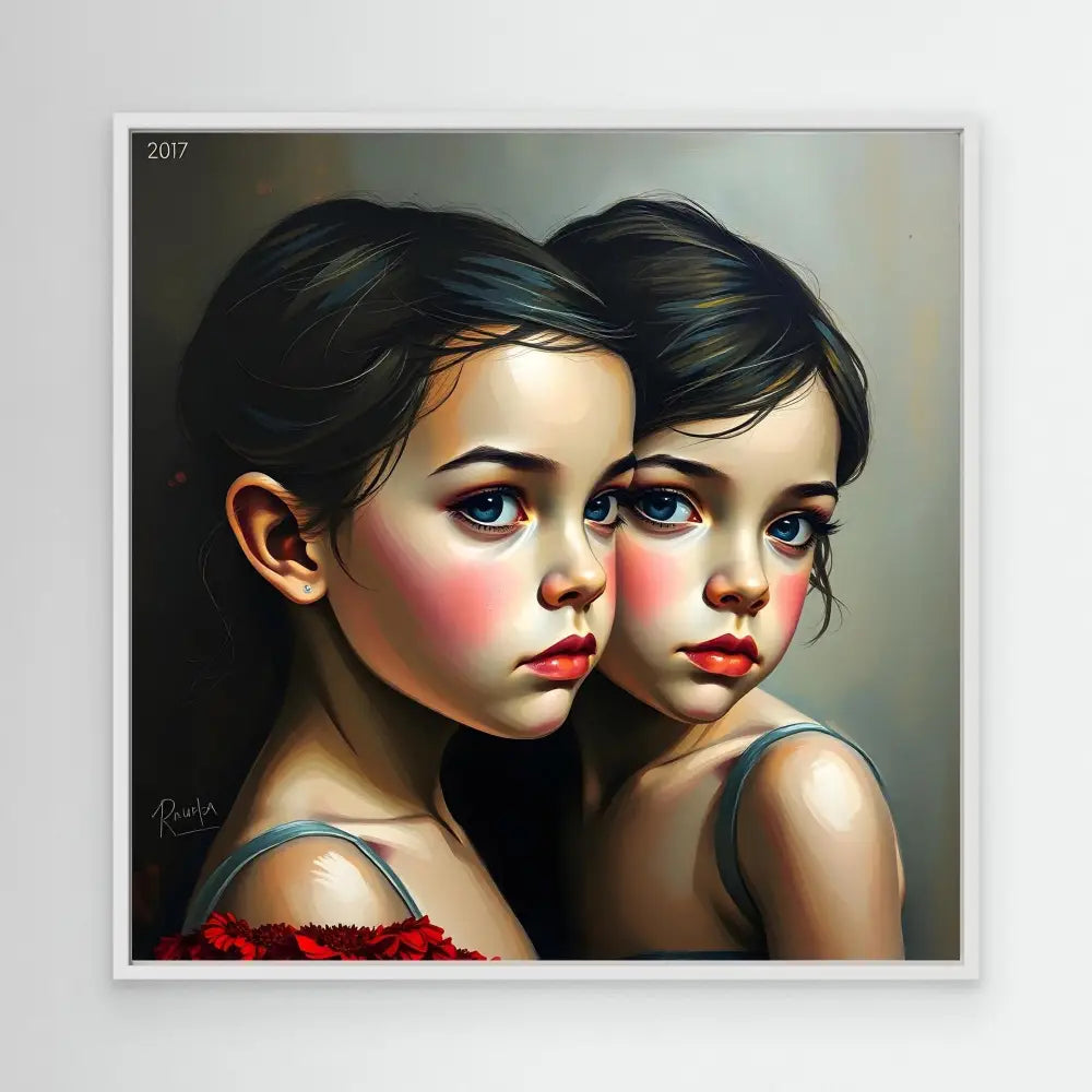 A stylized digital painting of two nearly identical figures with dark hair, rosy cheeks and bright blue eyes.