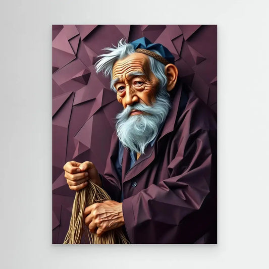 Stylized digital portrait of an elderly Asian man with a white beard wearing dark clothing.