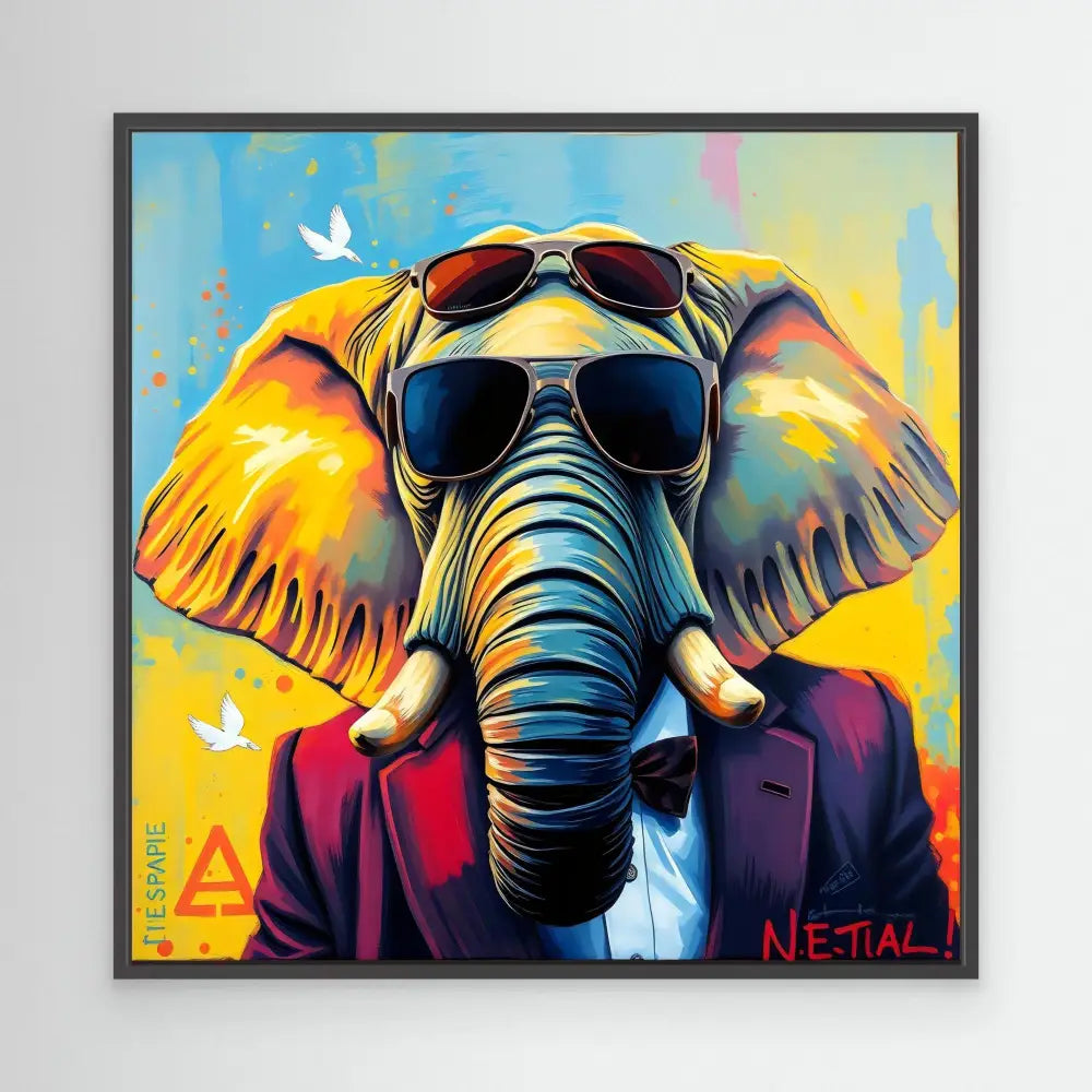 Stylized elephant wearing sunglasses and a business suit in vibrant colors.