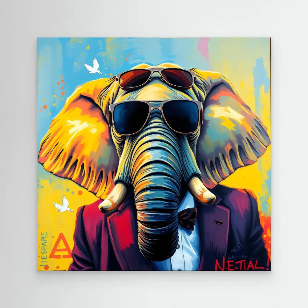 Stylized elephant wearing sunglasses and a purple suit with white doves flying nearby.