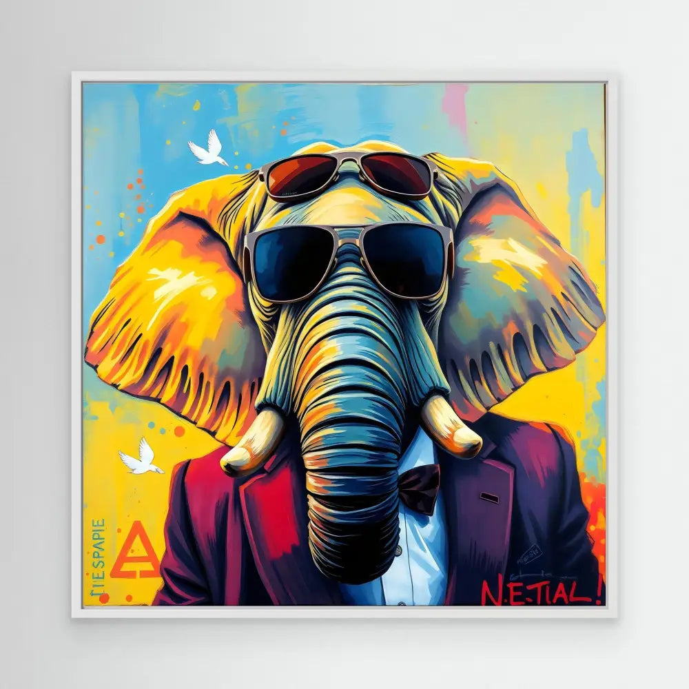 Stylized elephant wearing sunglasses and a purple suit with white doves flying nearby.