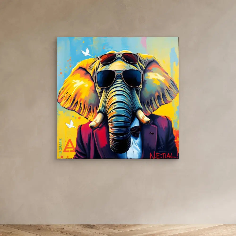 Stylized elephant wearing sunglasses and a suit jacket against a colorful backdrop.