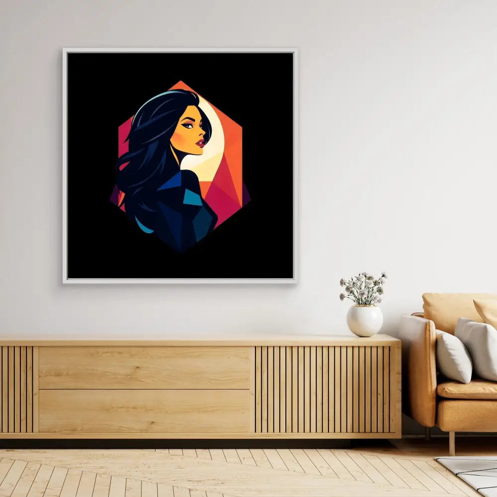 Stylized geometric artwork featuring a profile portrait with flowing dark hair against vibrant orange and pink tones.