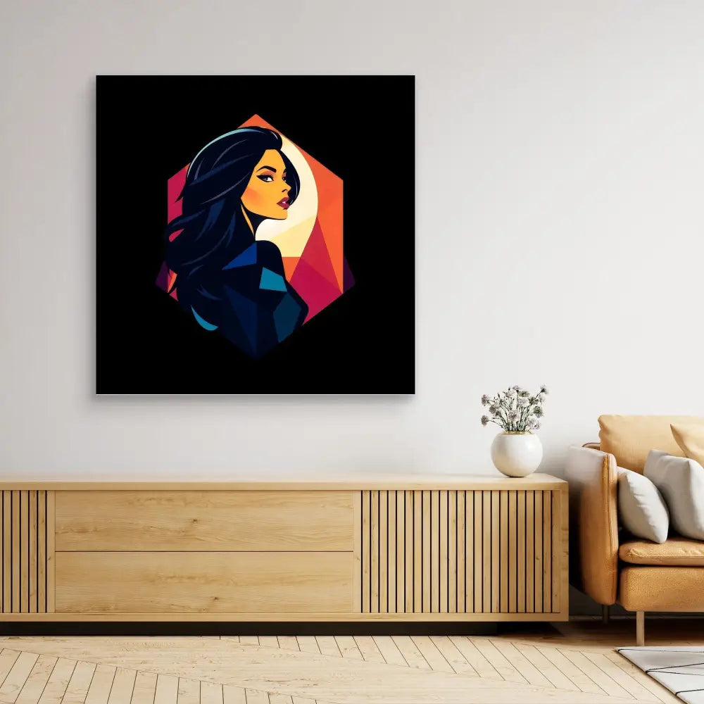 Stylized geometric artwork featuring a profile portrait against a dark background with orange and pink accents.