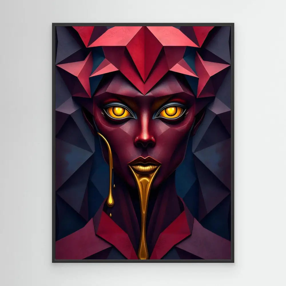 Stylized geometric portrait featuring a burgundy face with glowing yellow eyes and dripping gold paint from the lips.