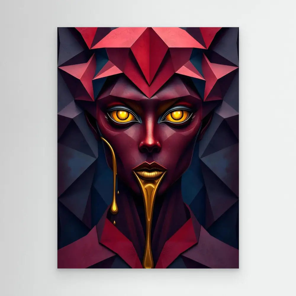 Stylized geometric portrait with glowing yellow eyes and dripping gold liquid from burgundy-colored features.