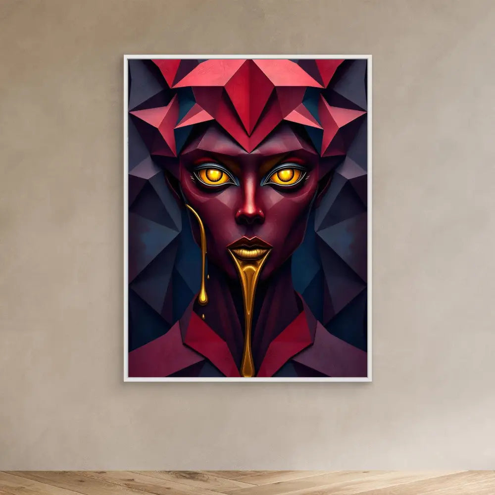 Stylized geometric portrait with glowing yellow eyes and metallic red-burgundy tones.