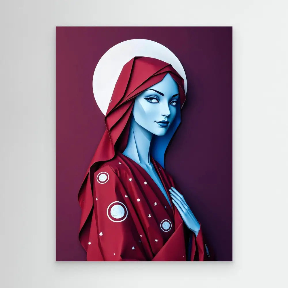 Stylized illustration of a blue-skinned figure wearing a red hooded cloak with circular decorative elements.