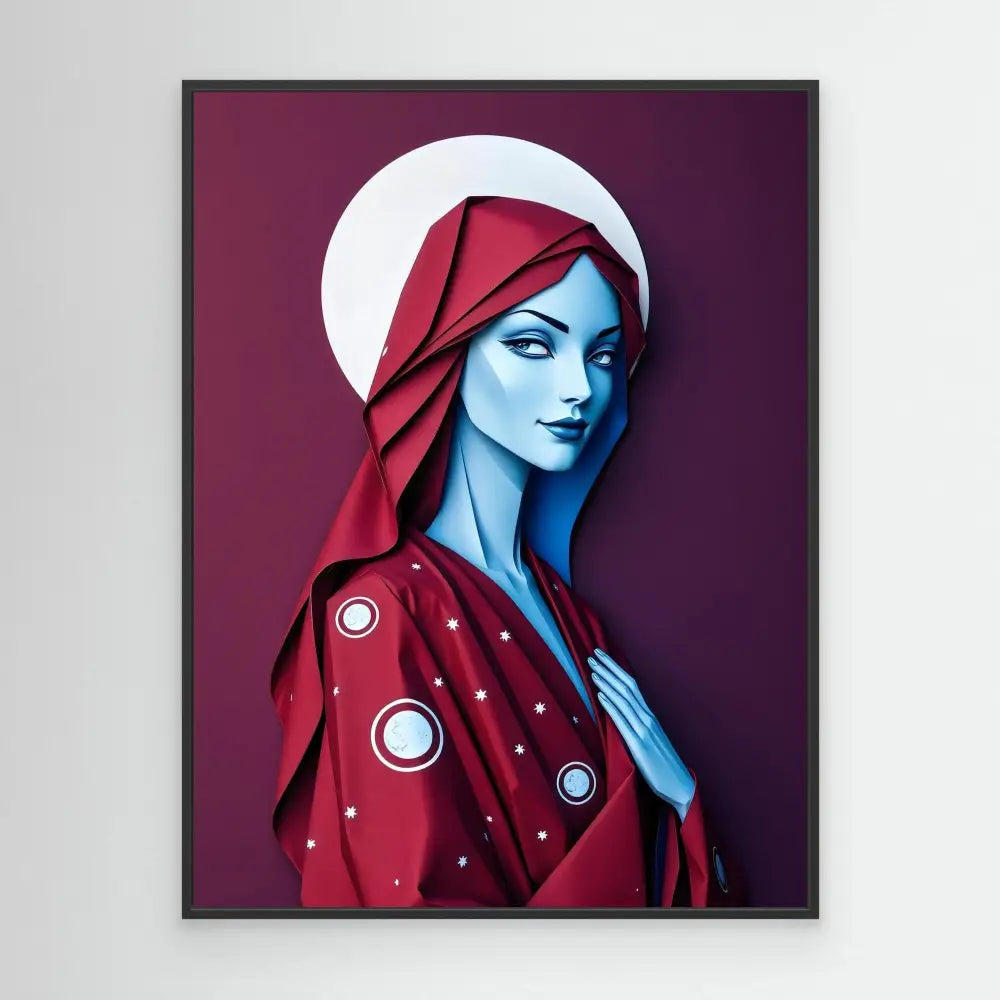 Stylized illustration of a blue-skinned figure wearing a red hooded garment with circular decorative elements against a moonlit backdrop.