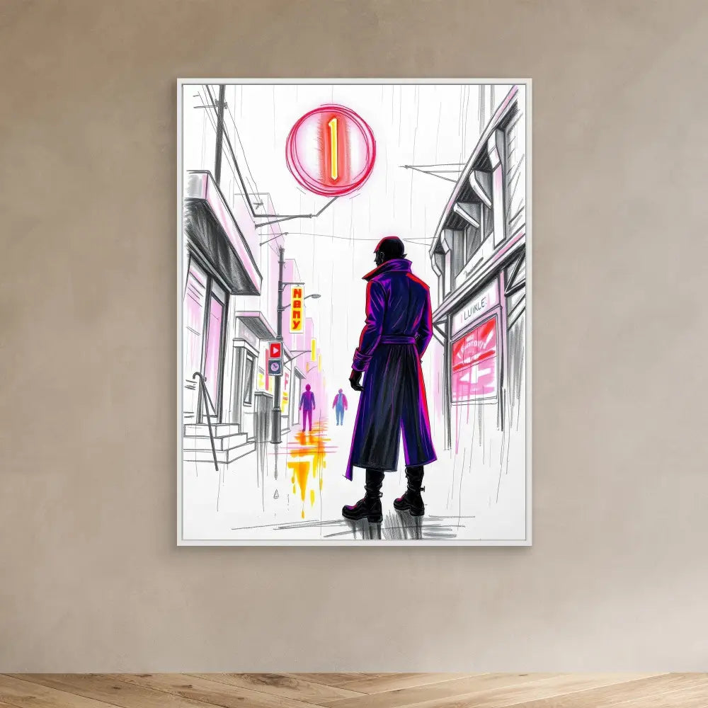 Stylized illustration of a figure in a purple coat standing on a city street.