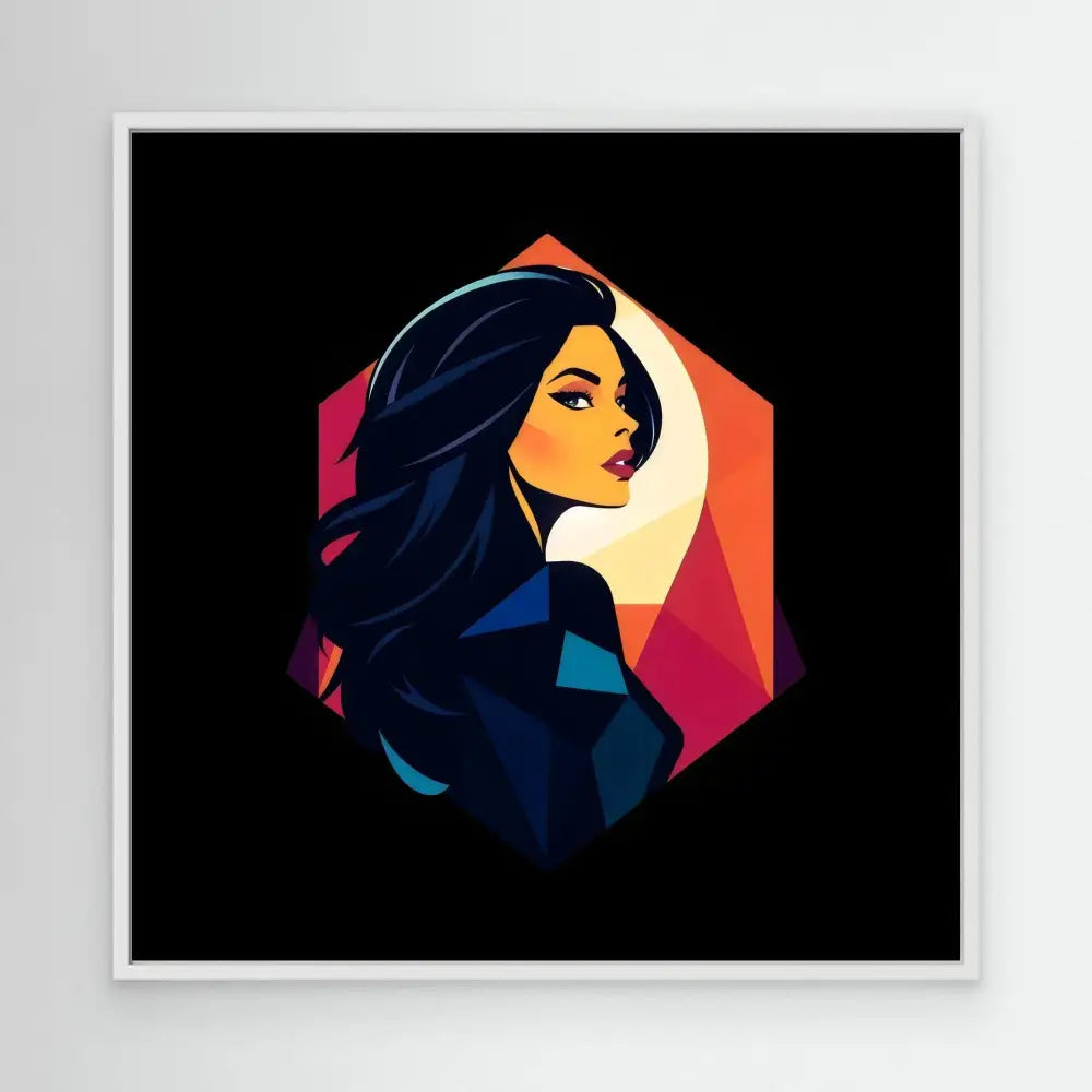 Stylized illustration of a woman with flowing dark hair in a hexagonal frame with warm gradient colors.