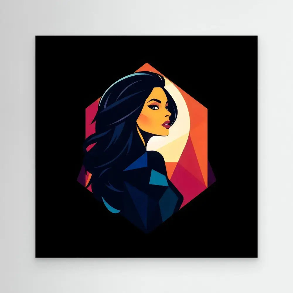 Stylized illustration of a woman with flowing dark hair in a hexagonal frame with warm gradient colors.