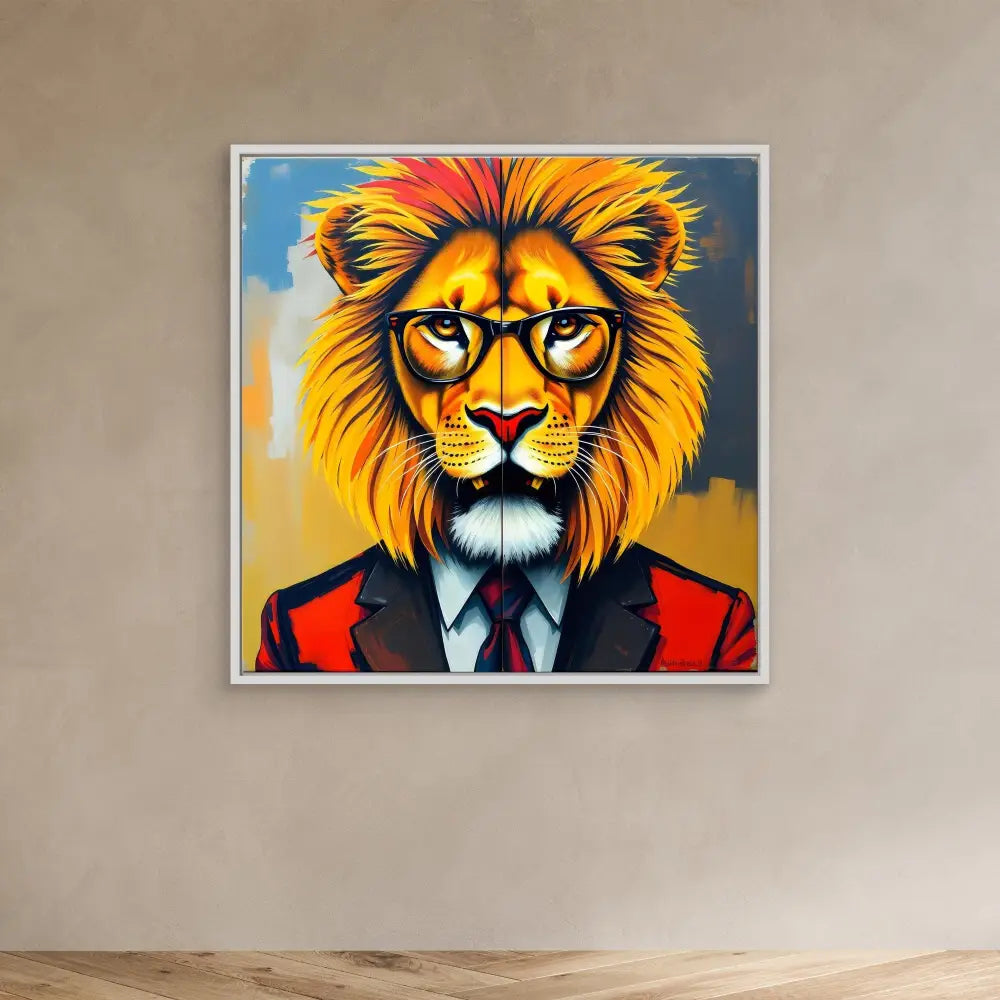 Stylized lion wearing glasses, a suit jacket and tie in a pop art portrait.