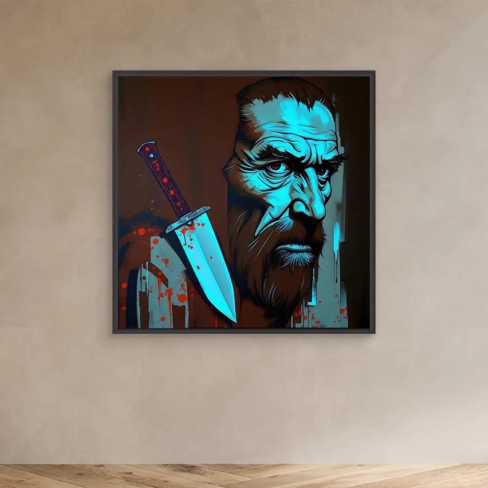 Stylized neon-blue portrait artwork with a knife motif.