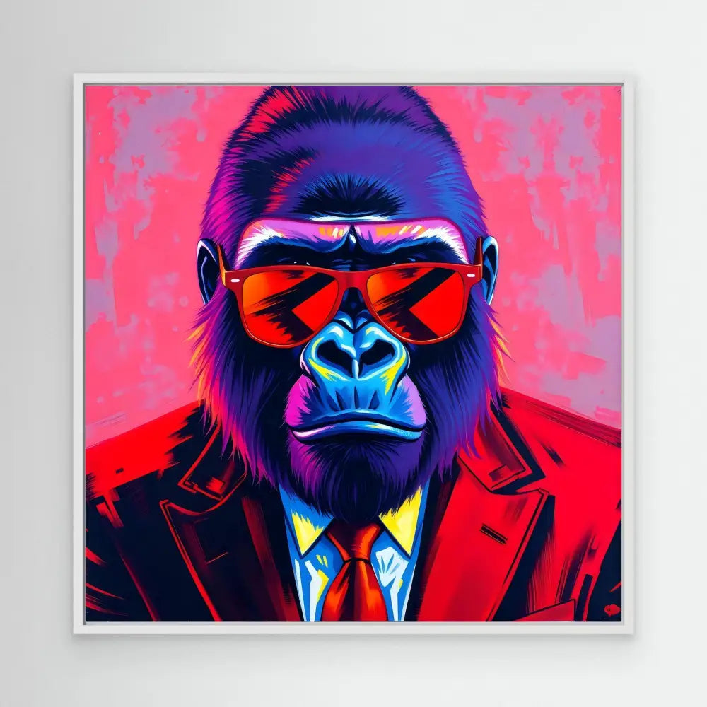 Stylized neon-colored gorilla wearing sunglasses, a suit and tie.