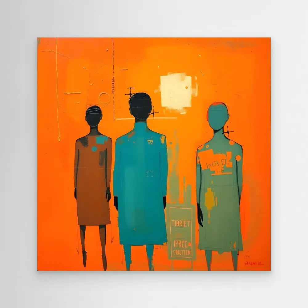 Stylized painting of three silhouetted figures standing against a vibrant orange backdrop.