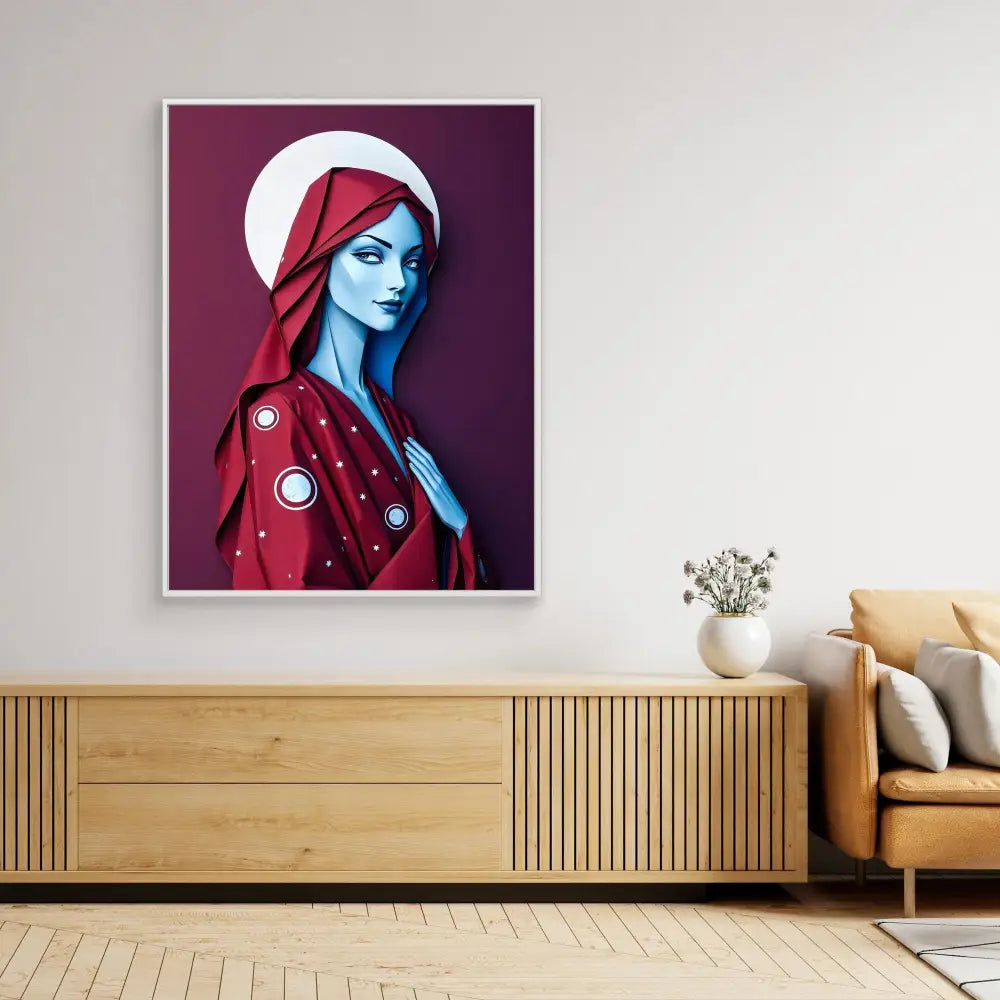 Stylized pop art portrait of a blue-skinned figure wearing a red hooded garment with circular embellishments.