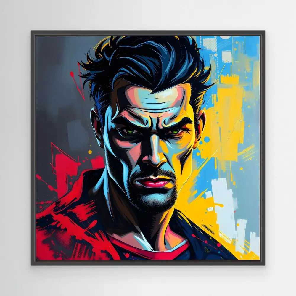 Stylized pop art portrait with dramatic lighting using red, blue and yellow color contrasts.