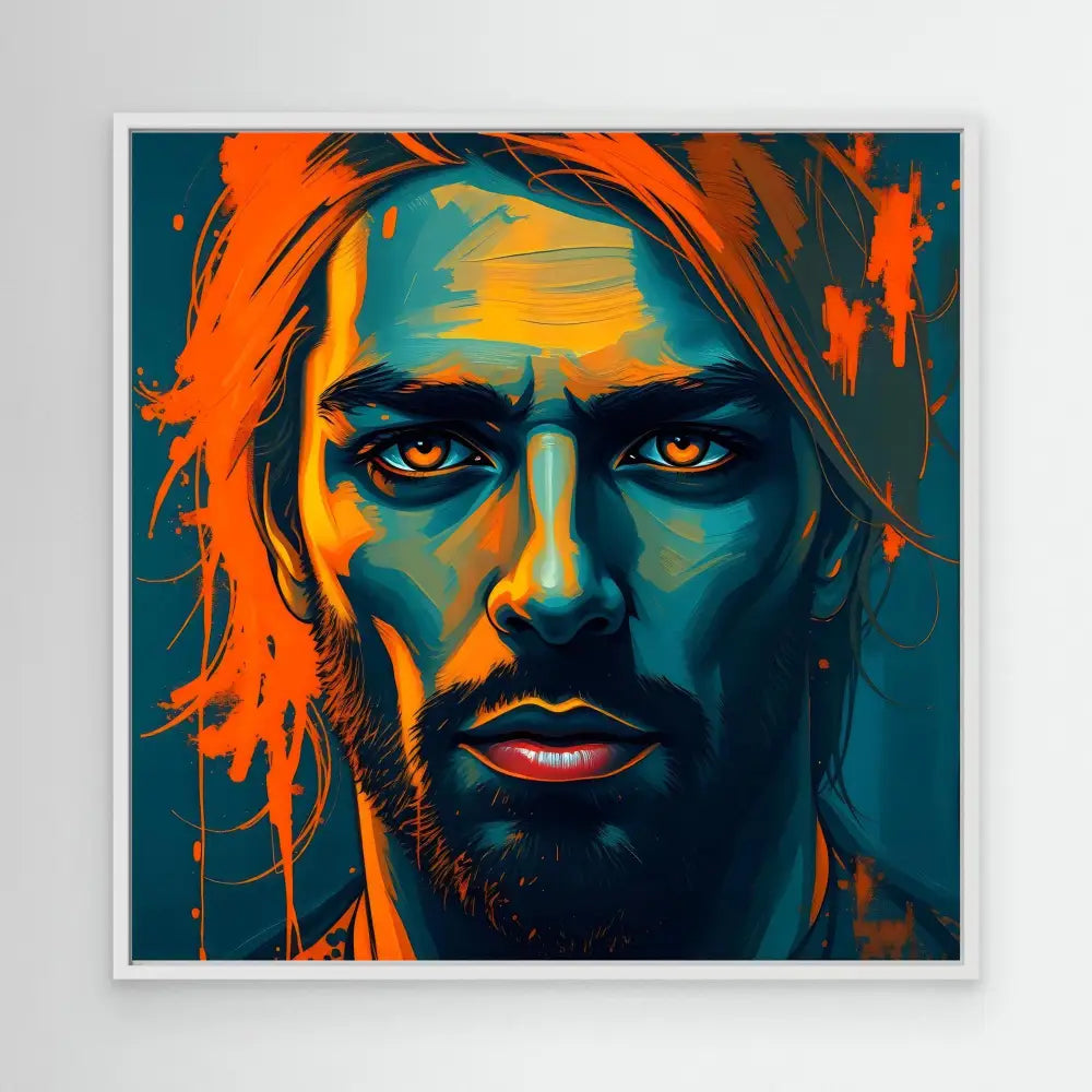 Stylized pop art portrait in vibrant orange and teal tones showing intense eyes and a beard.