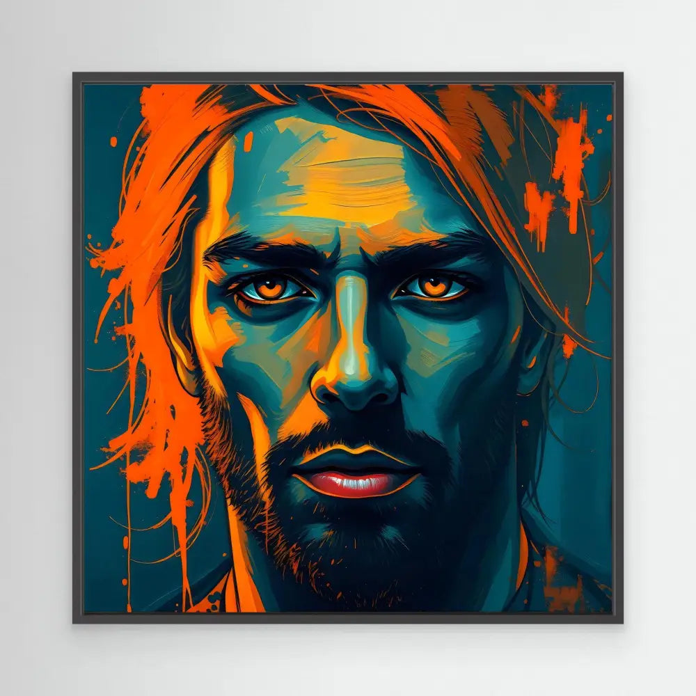 Stylized pop art portrait with vibrant orange and teal contrasting colors.