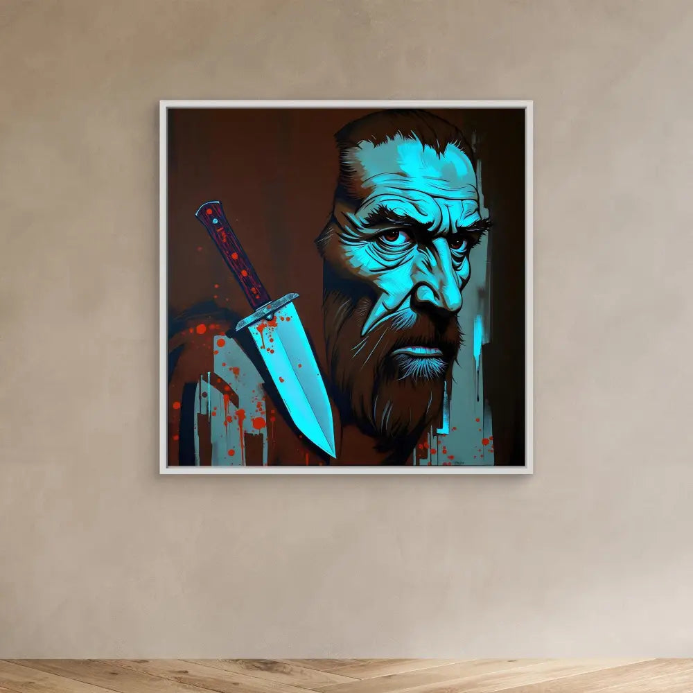 Stylized portrait artwork in blue tones featuring a stern-looking figure with a knife element.