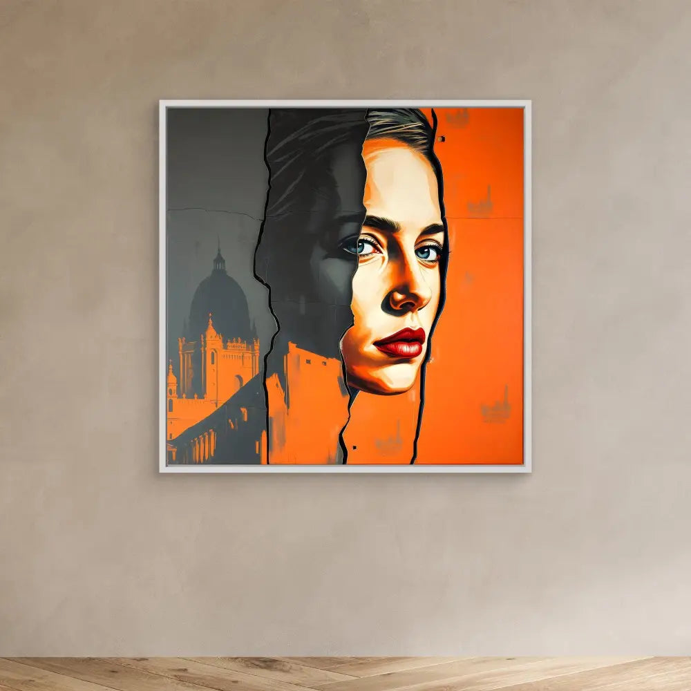 Stylized portrait artwork with bold orange background and dramatic black brushstrokes.